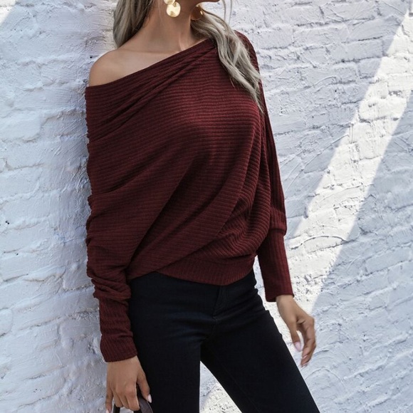 CLEARANCE Burgundy Off One Shoulder Ribbed Knit Sweater - Picture 2 of 3